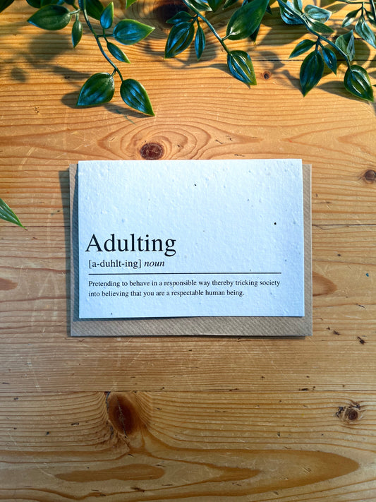 Paper Seed Card -  Adulting DictionaryPaper Seed Card -  Adulting Dictionary"Handmade, packed full of bee friendly flower seeds and made from 100% Pre-consumer recycled cotton"
Our seed paper cards are made here at Scribe and Grow using seedScribe & GrowScribe & GrowPaper Seed Card - Adulting Dictionary