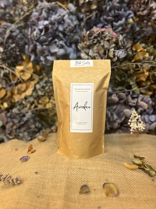 Skye Natural Skincare Bath Salts - AwakenBath SaltsSkye Natural Skincare Bath Salts - AwakenA magical blend of Epsom Salt, Isle of Skye Sea Salt, Rose Geranium &amp; Lemon essential oils.
Our soaking salts are made on the Isle of Skye, using sea salt harvesScribe & GrowScribe & GrowSkye Natural Skincare Bath Salts - Awaken