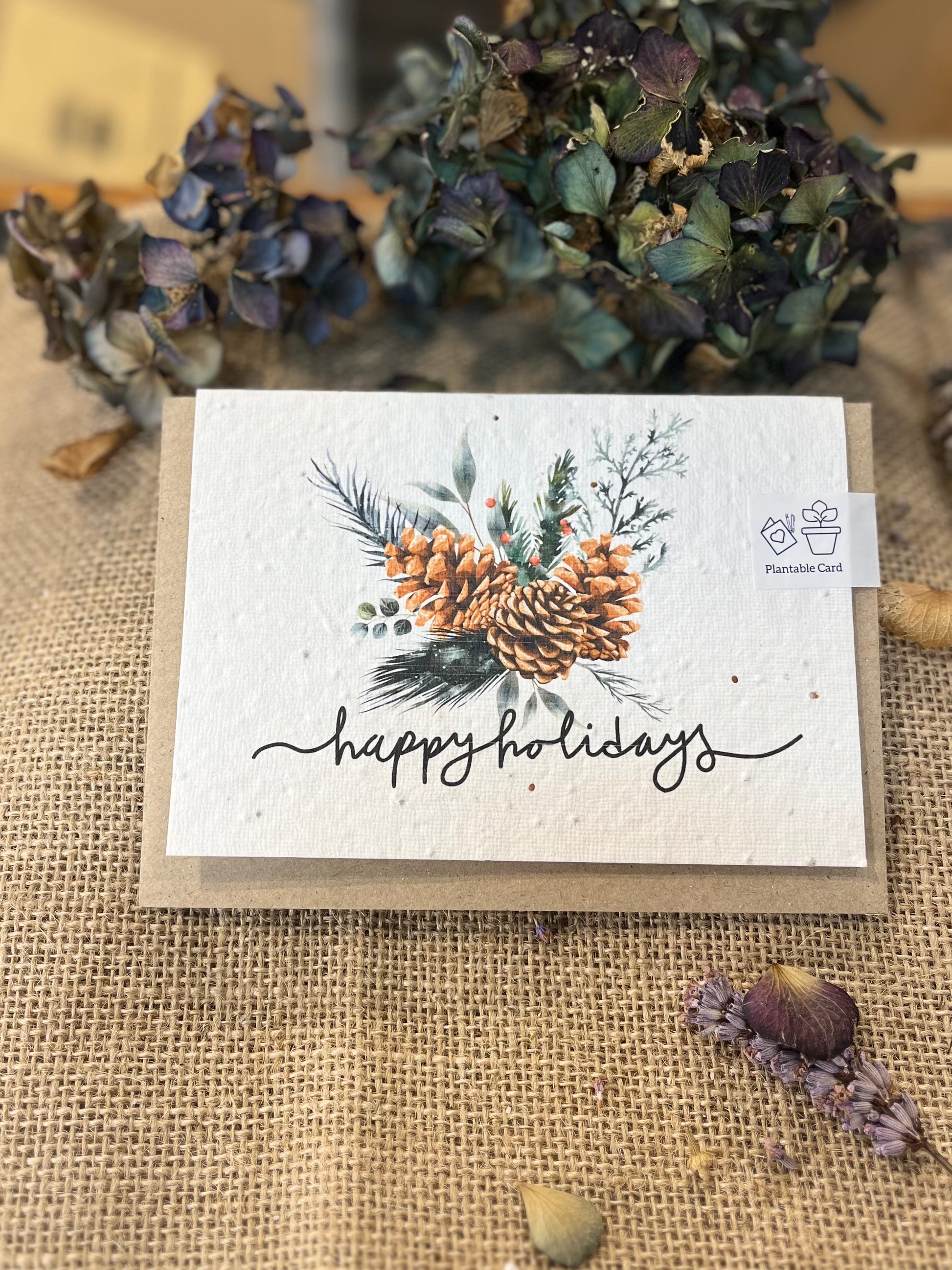 Paper Seed Card -  Happy Holidays Pine ConePaper Seed Card -  Happy Holidays Pine Cone"Handmade, packed full of bee friendly flower seeds and made from 100% Pre-consumer recycled cotton"
Our seed paper cards are made here at Scribe and Grow using seedScribe & GrowScribe & GrowPaper Seed Card - Happy Holidays Pine Cone